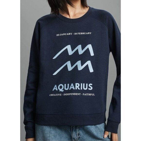 Anthropologie Zodiac Sweatshirt By Catherine O'Sullivan AQUARIUS Small Blue NWT - Picture 1 of 7